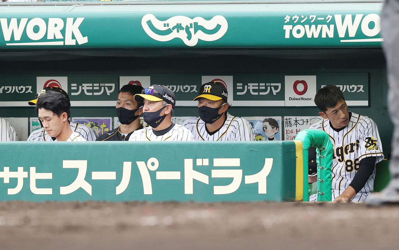 阪神対巨人　3回裏阪神2死満塁、小幡（左）が三振に倒れベンチでさえない表情で首をかしげる矢野監督（右端）（撮影・垰建太）