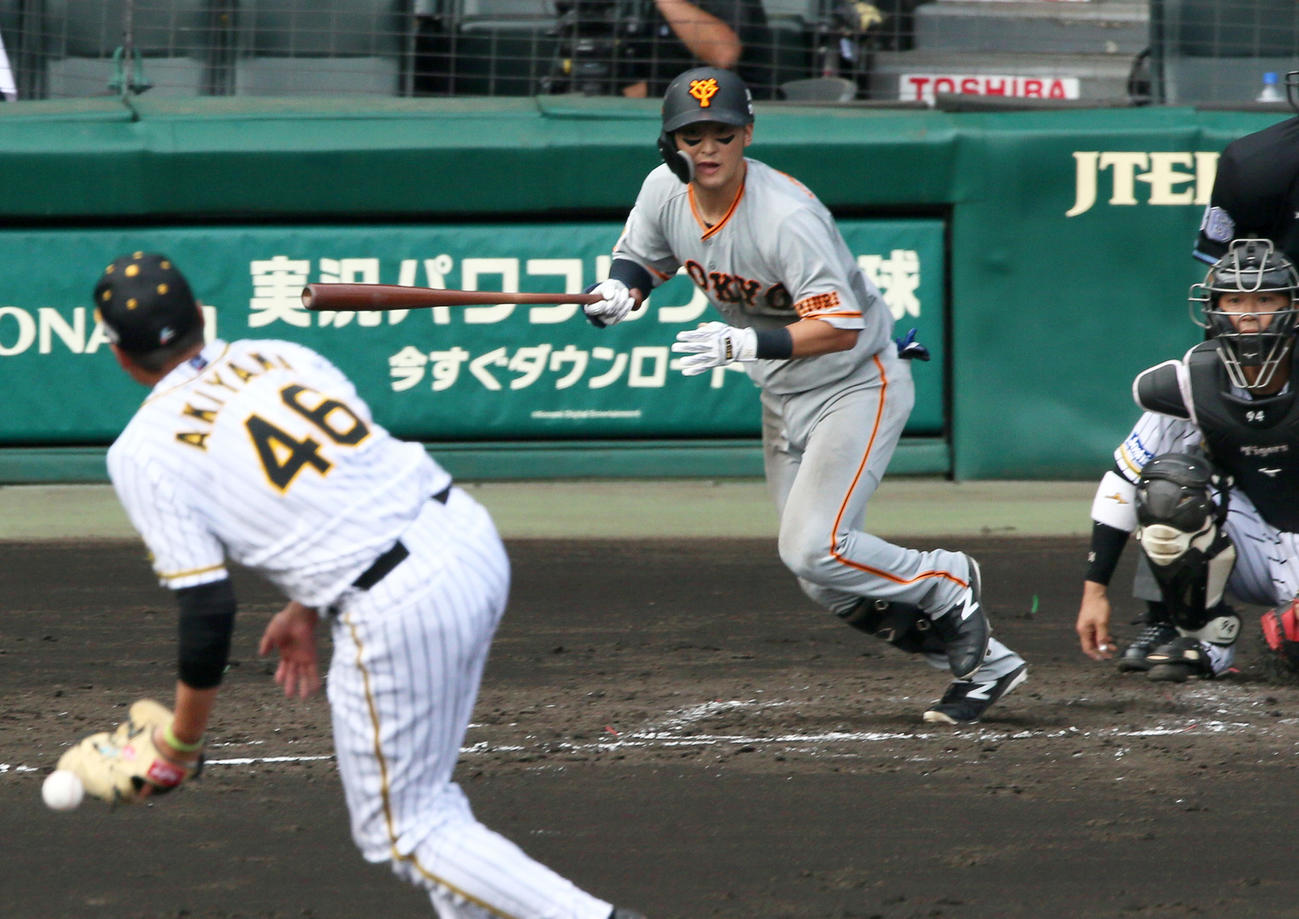 阪神対巨人　3回表巨人2死、吉川尚は中前打を放つ（撮影・上山淳一）