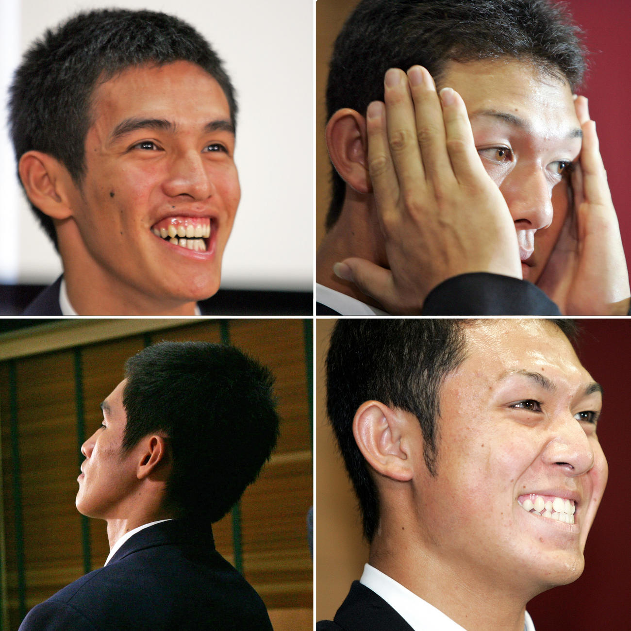 ソフトバンク獲得に笑みを見せた福岡第一・陽（左上）。しかし日本ハムの獲得が判明し落胆（左下）。大阪桐蔭・辻内はオリックス1巡目指名となり会見で何度も汗をぬぐった（右上）。急転し巨人1巡目指名となり笑顔で会見を行った（右下）