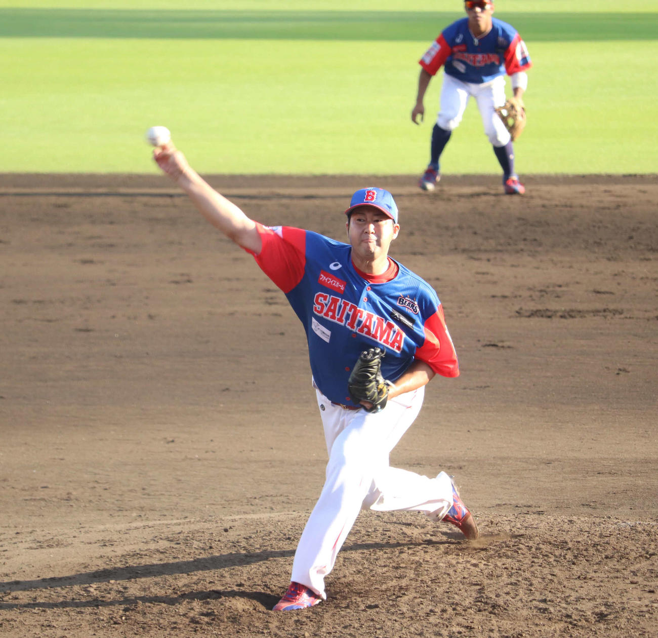 BCリーグ神奈川戦の5回に2番手として登板し、1回無安打無失点に抑えた埼玉・田沢（撮影・湯本勝大）