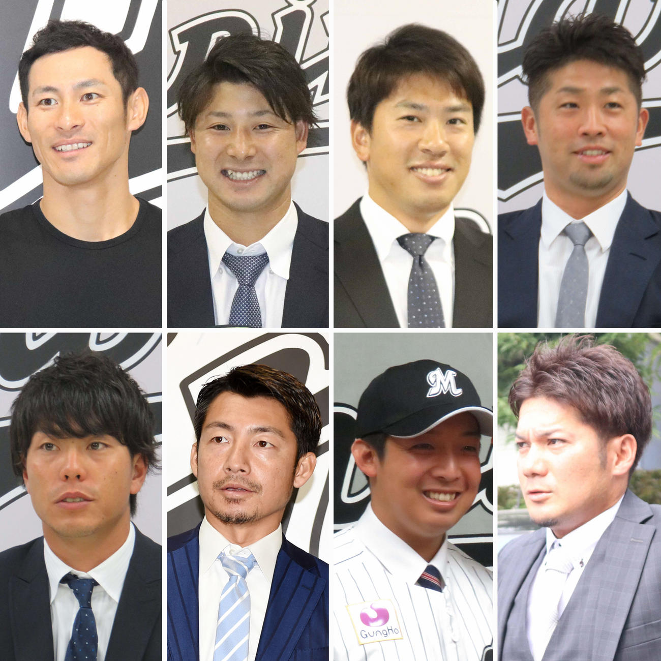 上段左から荻野貴司、藤岡裕大、角中勝也、清田育宏。下段左から三木亮、鳥谷敬、菅野剛士、伊志嶺翔大コーチ