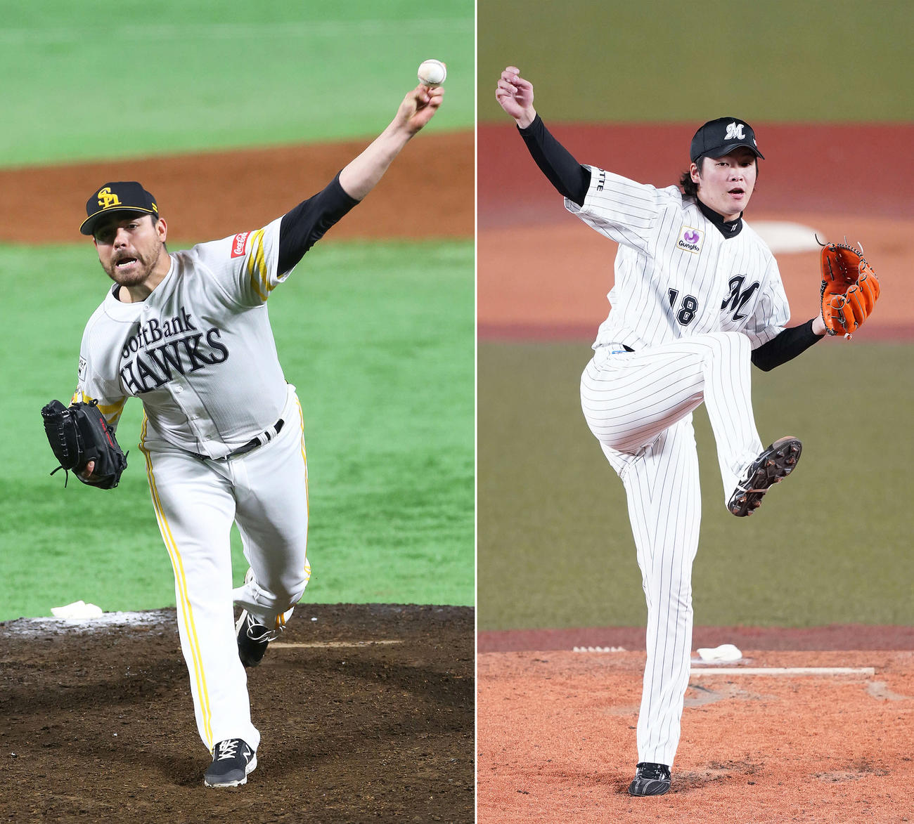 ソフトバンク・ムーア（左）、ロッテ二木