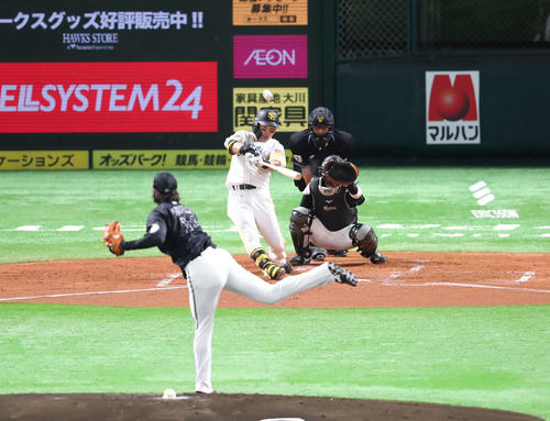 ソフトバンク対ロッテ　1回裏ソフトバンク1死、中村晃は右越え本塁打を放つ（撮影・梅根麻紀）