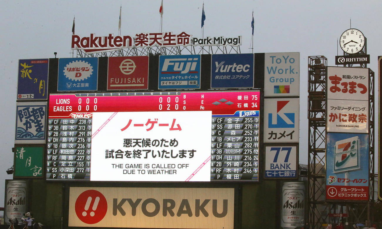 楽天対西武　4回表開始前、降雨ノーゲームとなる（撮影・足立雅史）