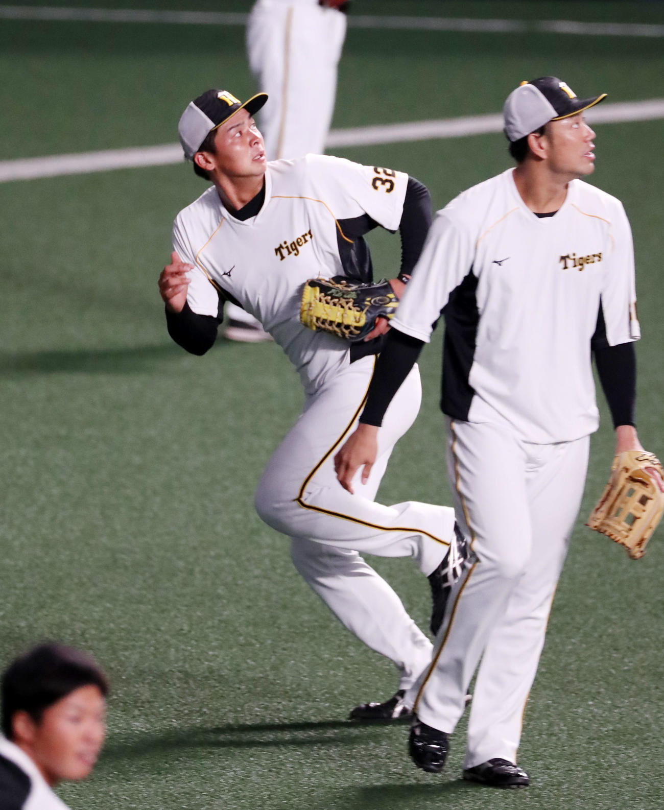 中日対阪神　右翼守備位置でノックを受ける井上（撮影・加藤哉）