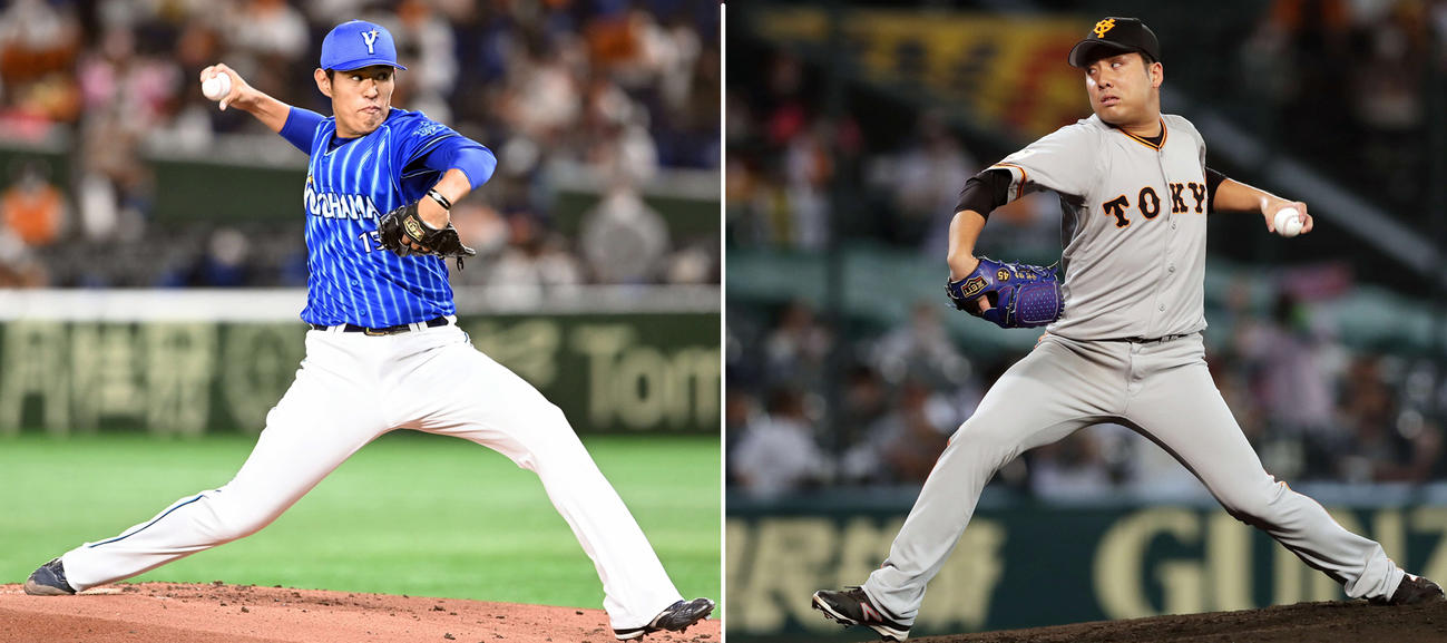 DeNA井納翔一（左）と巨人今村信貴