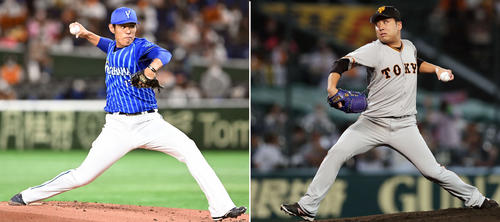 DeNA井納翔一(左)と巨人今村信貴