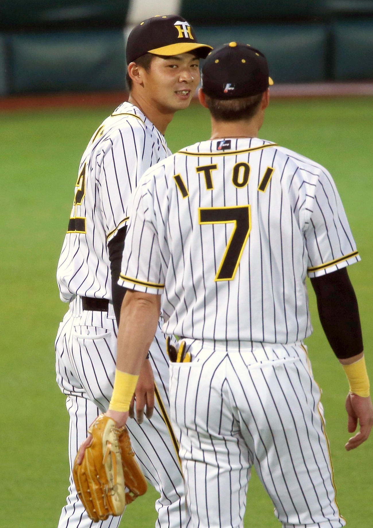 阪神対ヤクルト　試合前のシートノックで糸井（手前）の話を聞く井上（撮影・上山淳一）
