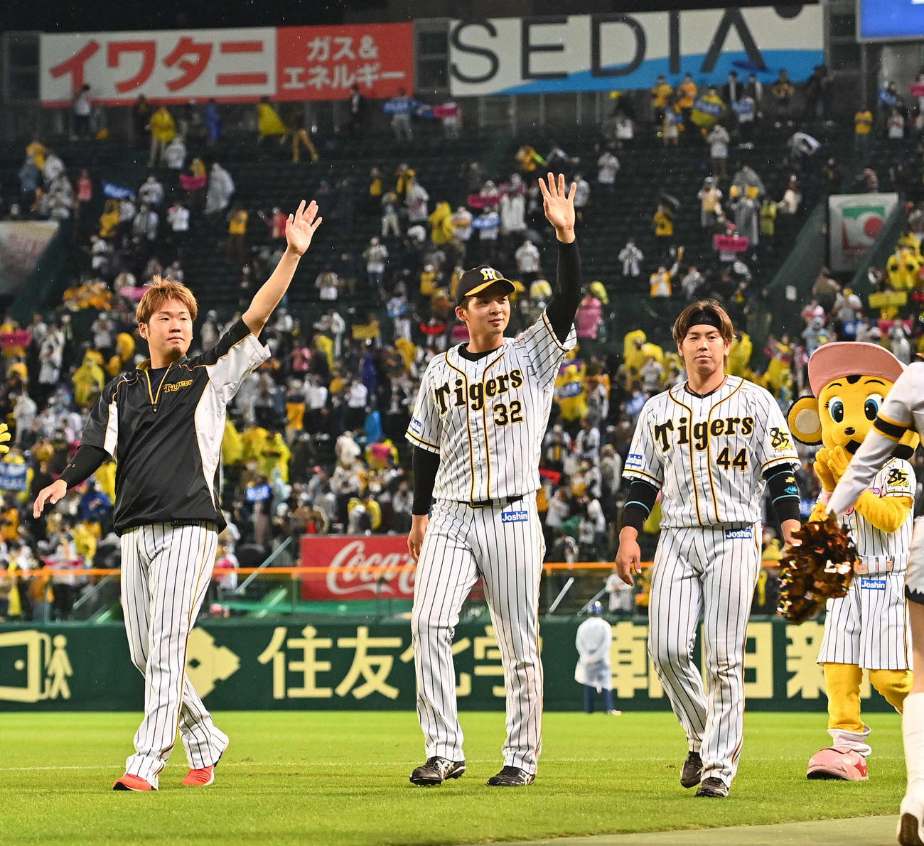 ファンの拍手に手を上げて応える左から西勇、井上、梅野（撮影・上田博志）