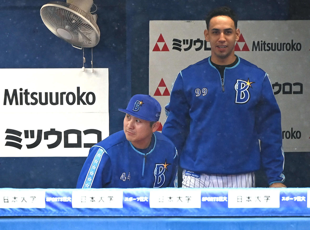 ベンチからグラウンドの状況を確認するDeNA佐野とソト（撮影・山崎安昭）