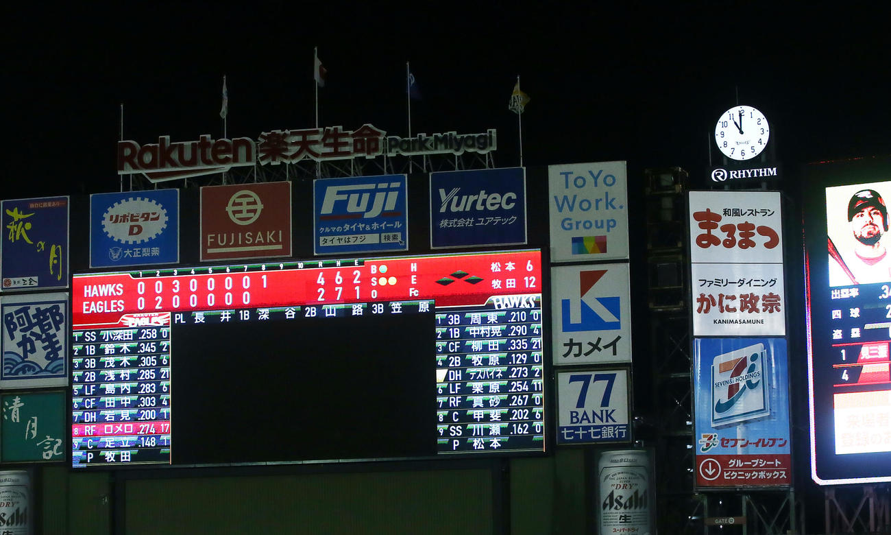 楽天対ソフトバンク　2度の中断を挟み時刻は午後11を過ぎる（2020年9月10日）