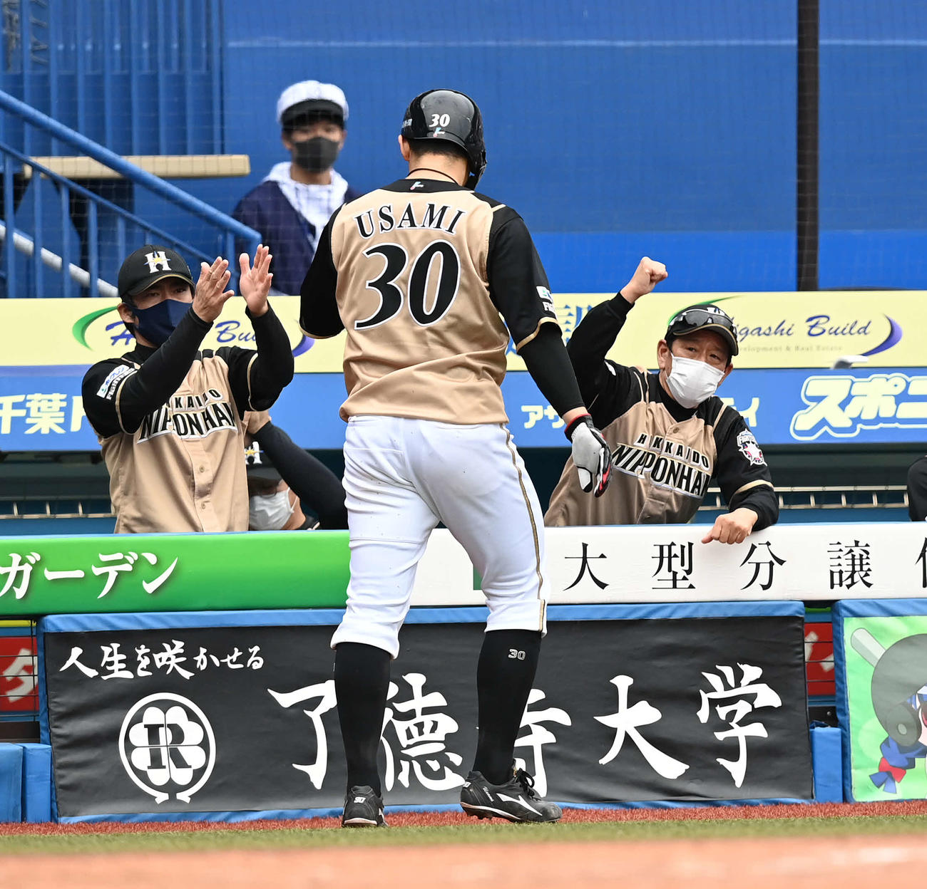 ロッテ対日本ハム　5回表日本ハム1死満塁、近藤の右2点適時打で生還した宇佐見（中央）を迎える栗山監督（右）（撮影・鈴木みどり）