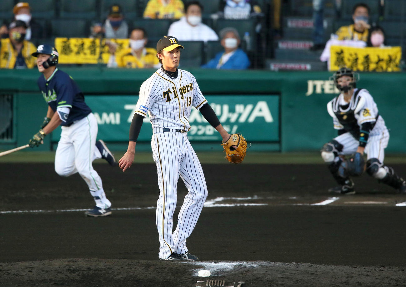 阪神対ヤクルト20回戦　6回表ヤクルト1死一塁、藤浪晋太郎（手前）は代打中山翔太を左飛に仕留める（撮影・上山淳一）