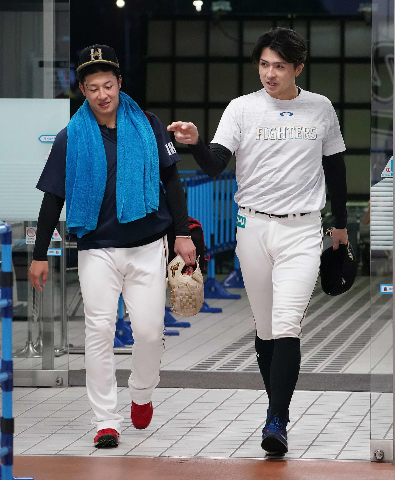 練習を終え、談笑しながら引き揚げる日本ハム上沢（右）と吉田輝（撮影・鈴木みどり）