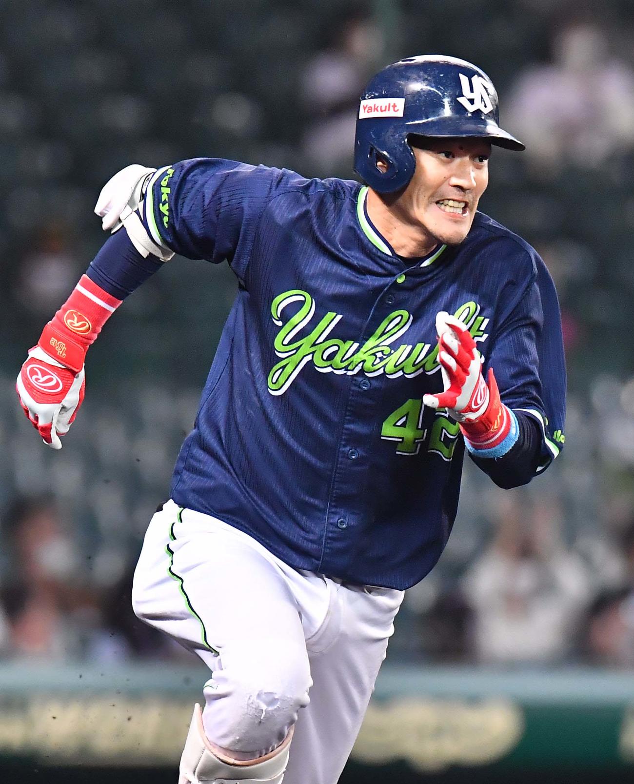 阪神対ヤクルト　4回表ヤクルト無死一、二塁、左前に1500安打を放つ坂口智隆（撮影・上田博志）