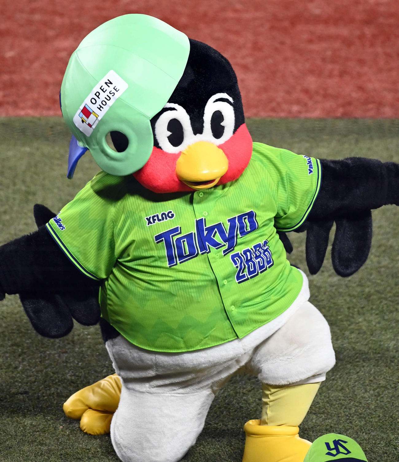 ヤクルト対巨人　恒例のパフォーマンス「空中クルリンパ」で帽子を被り損ねるつば九郎（撮影・たえ見朱実）