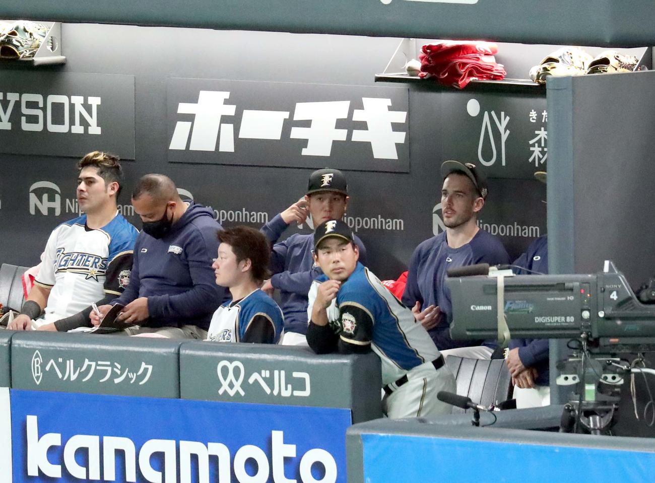 日本ハム対ソフトバンク　ベンチでがっかりした様子の日本ハム・バーヘイゲン（右奥）（2020年10月21日撮影）