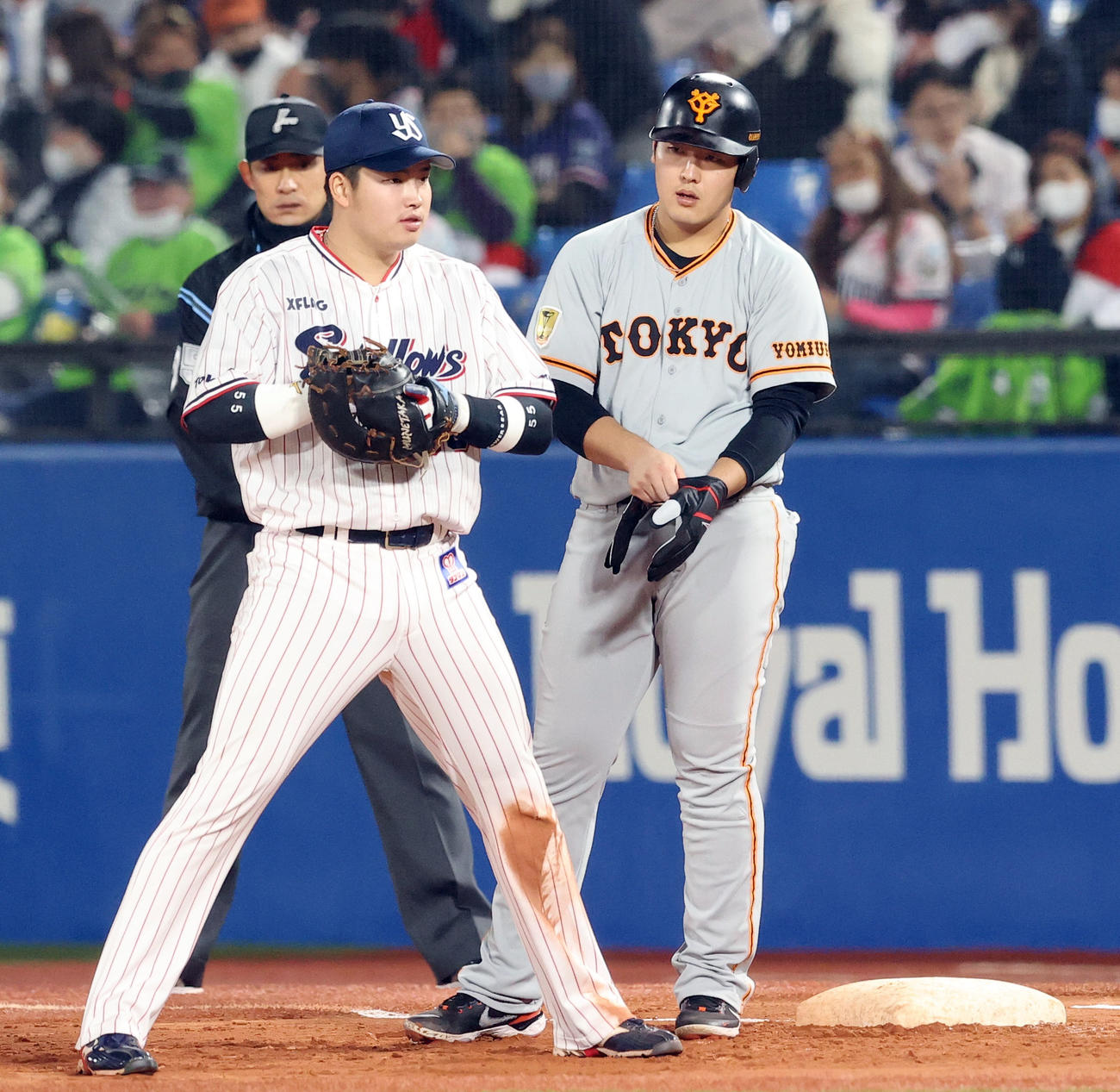 ヤクルト対巨人　7回表巨人1死二塁、適時打を放った岡本（右）は村上を見つめる（撮影・垰建太）