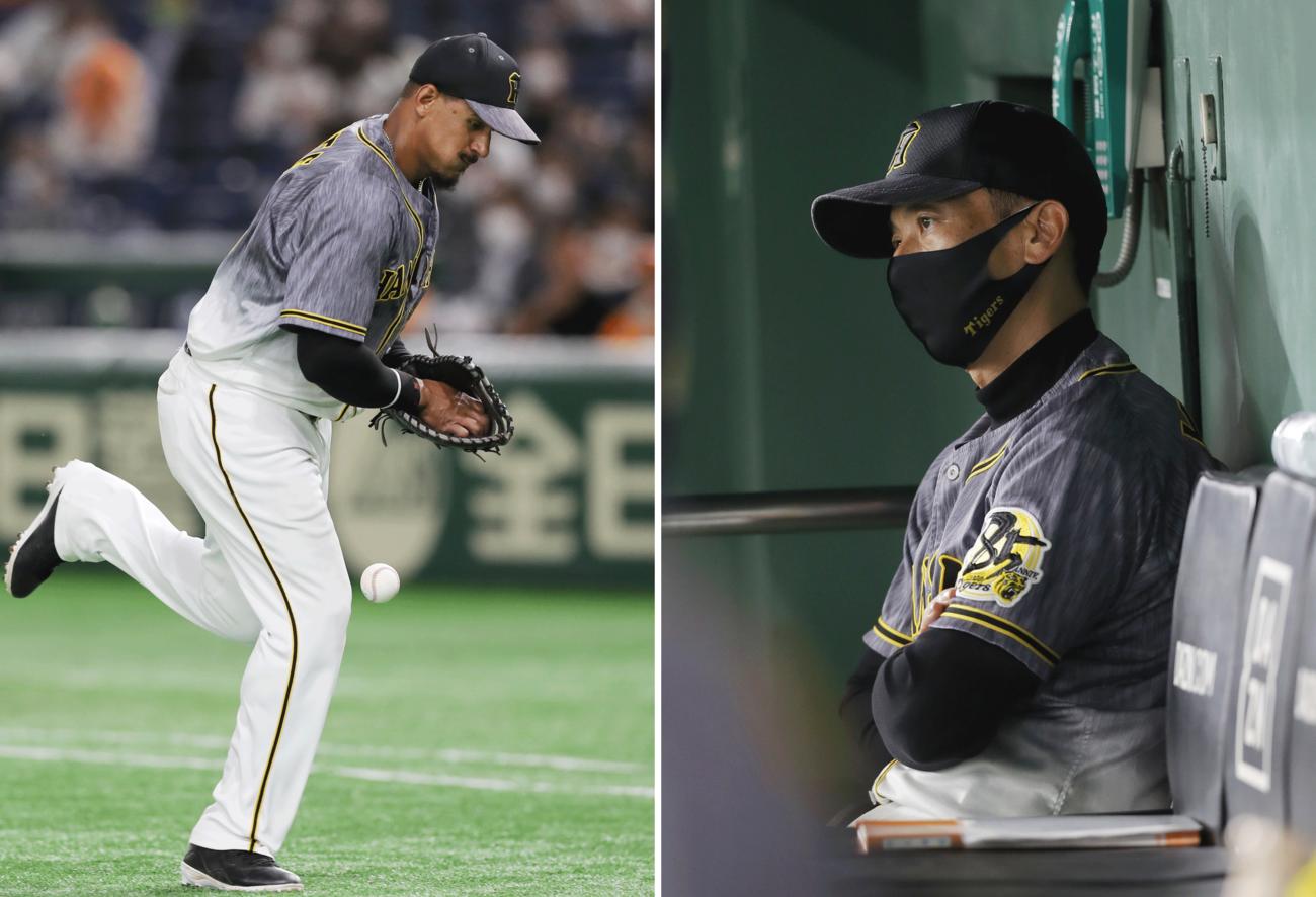 今村のバントをはじき、３点目を失うマルテ（左）と本塁打と失策絡みで３点を失い、ベンチで厳しい表情を見せる矢野監督