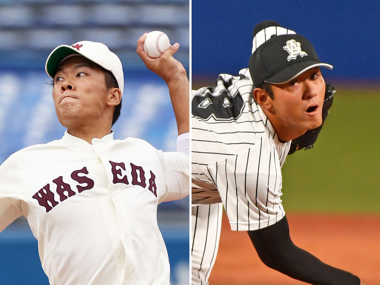早大・早川隆久（左）と亜大・平内龍太