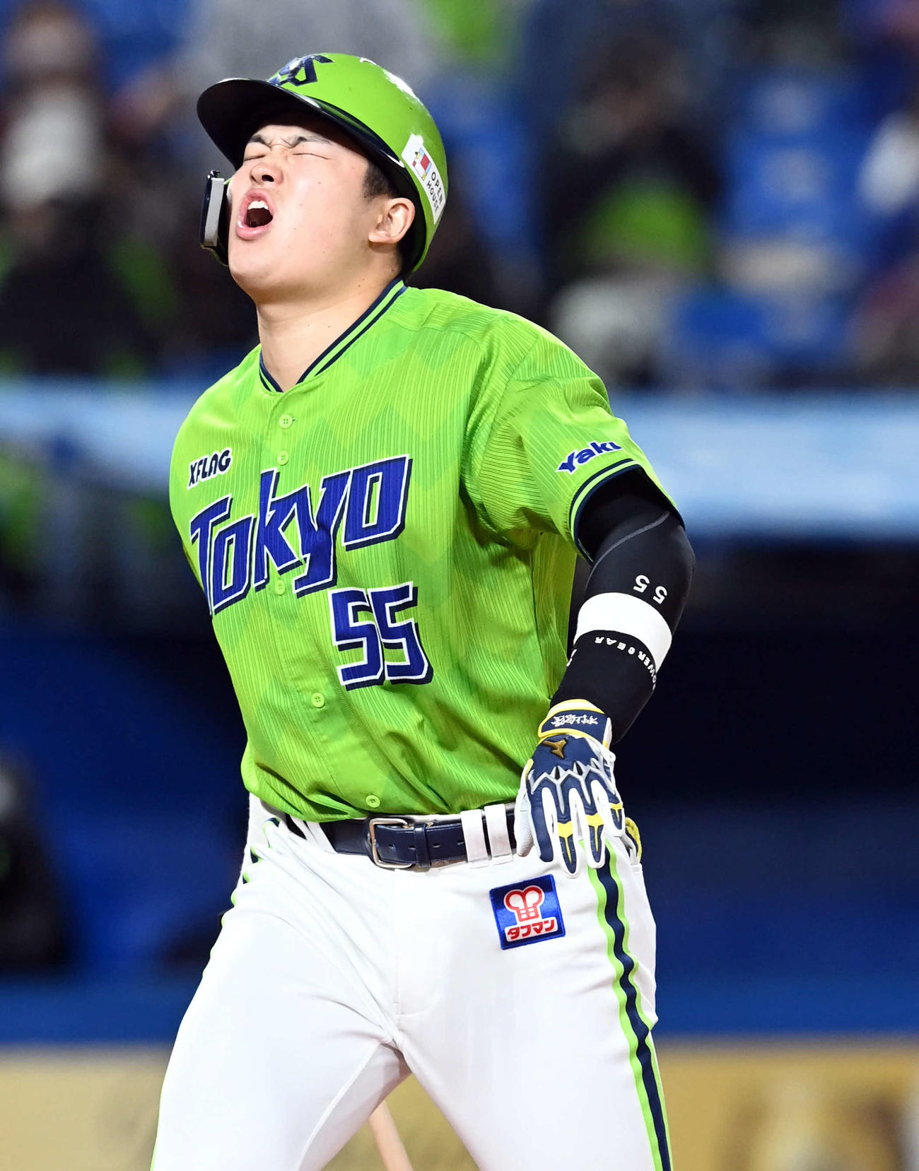 ヤクルト対中日　7回裏ヤクルト2死、背中に死球を受け痛がる村上（撮影・たえ見朱実）