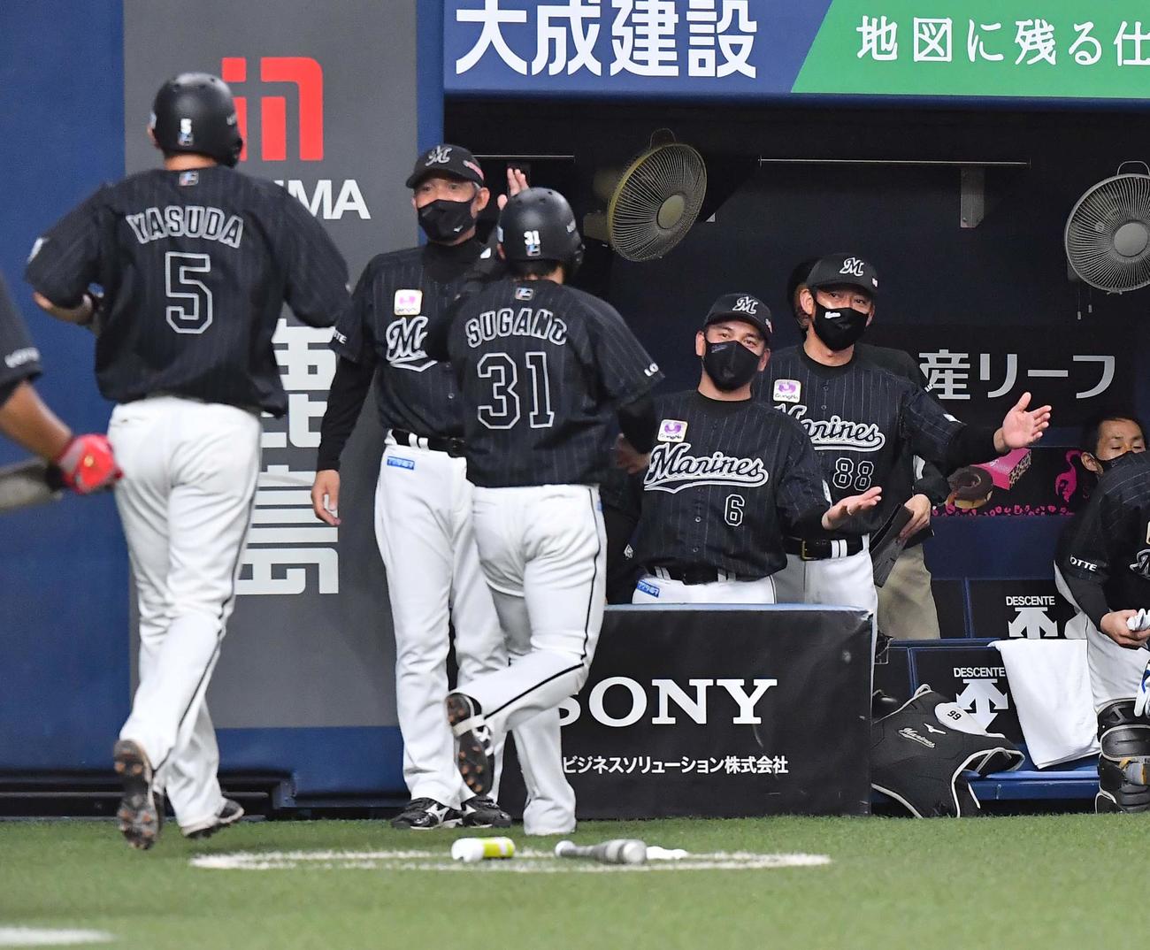 オリックス対ロッテ　3回表ロッテ1死二、三塁、敵失で生還した安田尚憲と菅野剛士をベンチで出迎える井口資仁（右から2人目）（撮影・上田博志）