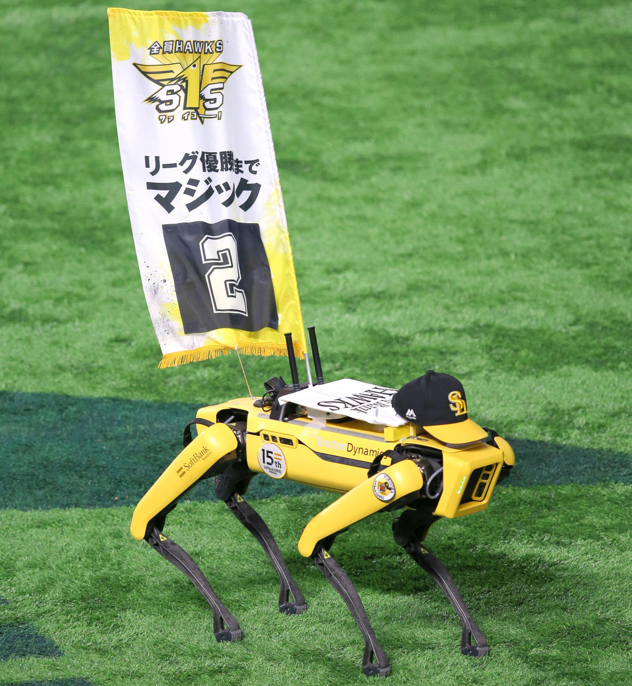 ソフトバンク対ロッテ　試合前、「マジック2」のフラッグを付けたロボットが球場を盛り上げる（撮影・上山淳一）