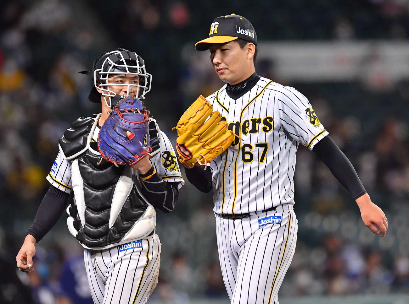 8回途中から登板し無失点に抑えた阪神2番手の岩崎優（右）（撮影・上田博志）