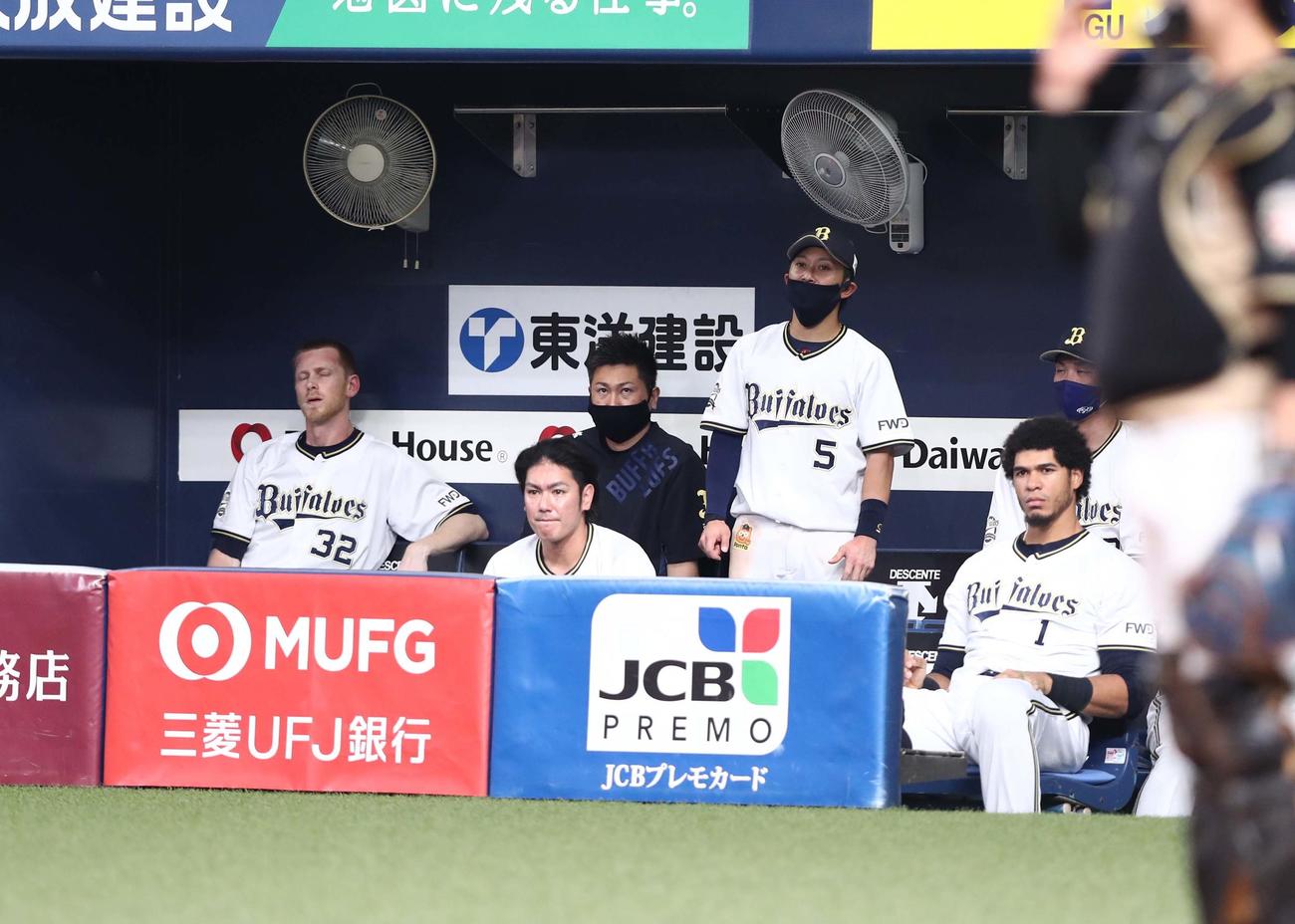 オリックス対日本ハム　ベンチで渋い表情のディクソン（左端）らナイン（撮影・黒川智章）
