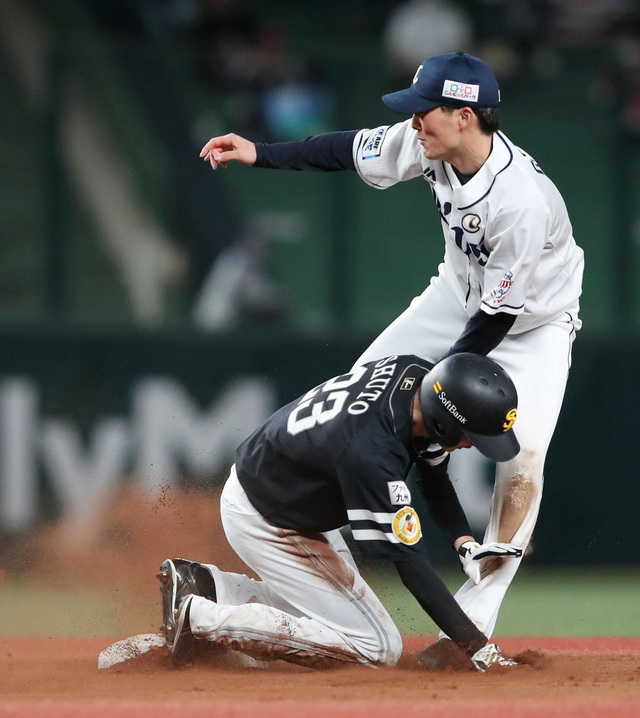 西武対ソフトバンク　7回表ソフトバンク1死一塁、二盗に成功する周東（撮影・河田真司）