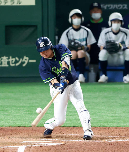 巨人対ヤクルト　6回表ヤクルト1死三塁、右犠飛を放つ中村（撮影・江口和貴）