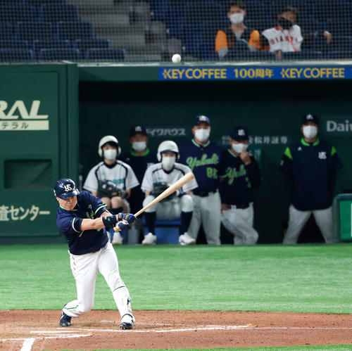巨人対ヤクルト　6回表ヤクルト1死三塁、右犠飛を放つ中村（撮影・江口和貴）
