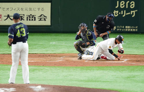 巨人対ヤクルト 5回裏巨人2死三塁、死球を受け倒れ込む陽。投手スアレス(撮影・鈴木みどり)
