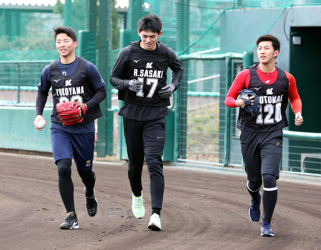 ノックを終えてベンチに戻る、左から横山、佐々木朗、本前（2020年1月25日撮影）