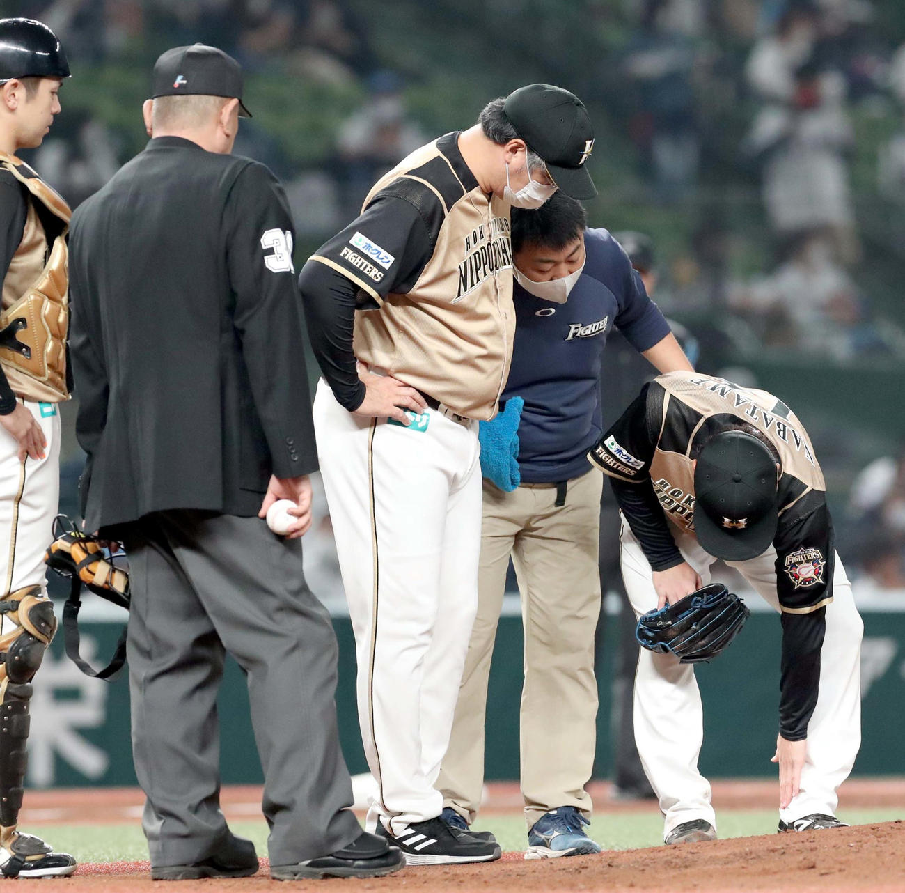 西武対日本ハム　1回裏西武無死一塁、マウンド上で左足を気にする日本ハム生田目（右）（撮影・佐藤翔太）