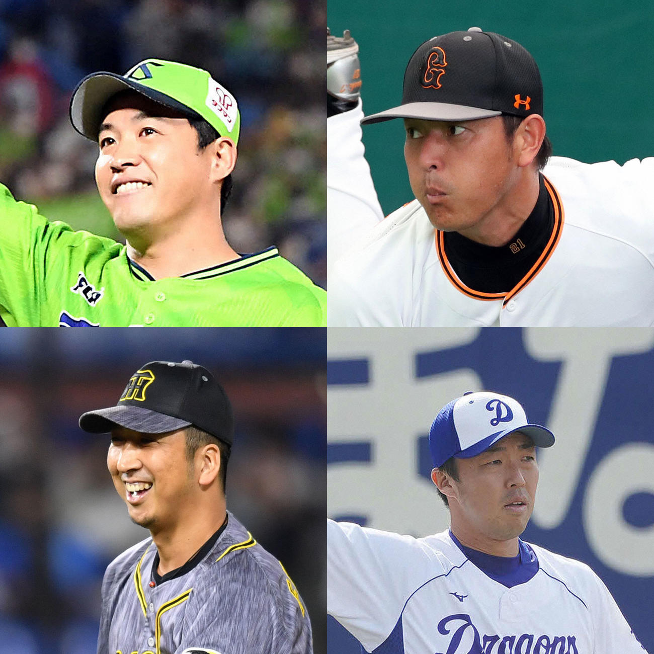 左上から時計回りに2020年限りで引退するヤクルト五十嵐、巨人岩隈、中日吉見、阪神藤川