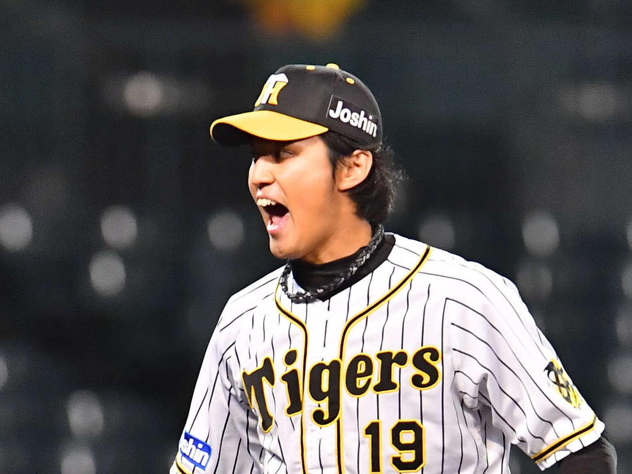 阪神対ヤクルト　6回表ヤクルト2死一、三塁、上田剛史から三振を奪い雄たけびをあげる藤浪晋太郎（撮影・上田博志）