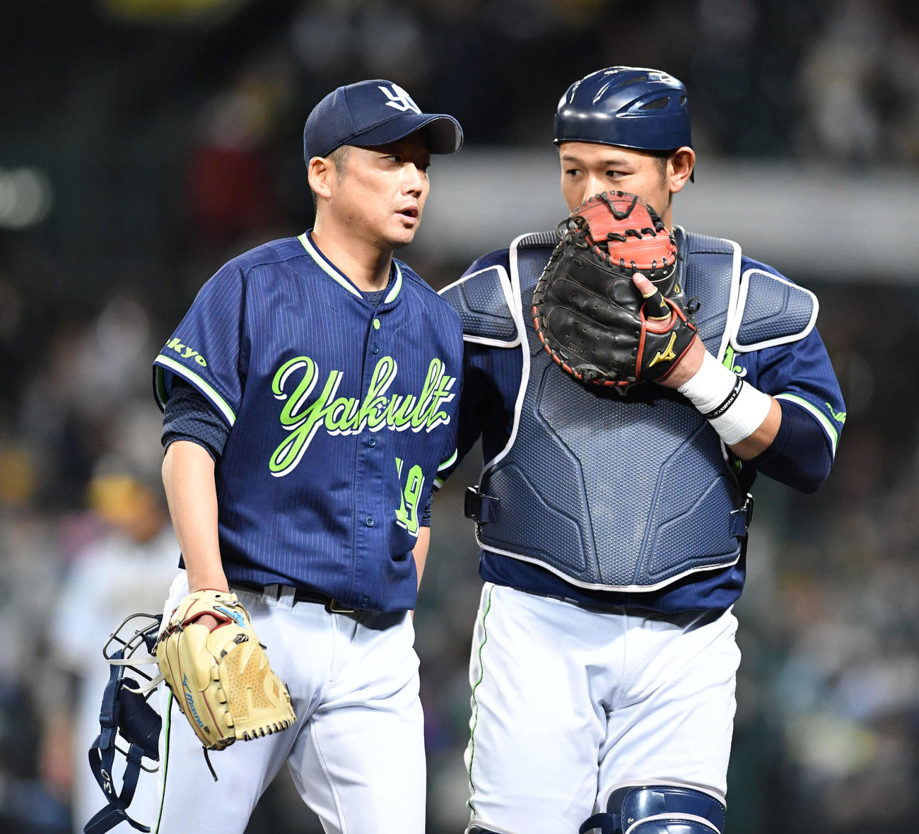 阪神対ヤクルト	2回裏終了後、西田明央（右）と話しながらベンチへ戻る石川雅規（撮影・岩下翔太）
