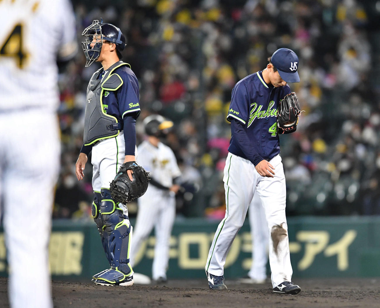 阪神対ヤクルト24回戦　4回裏阪神無死一、三塁、近本光司に中前適時打を打たれた場面で降板となり、肩を落としてベンチへ戻る金久保優斗（撮影・岩下翔太）
