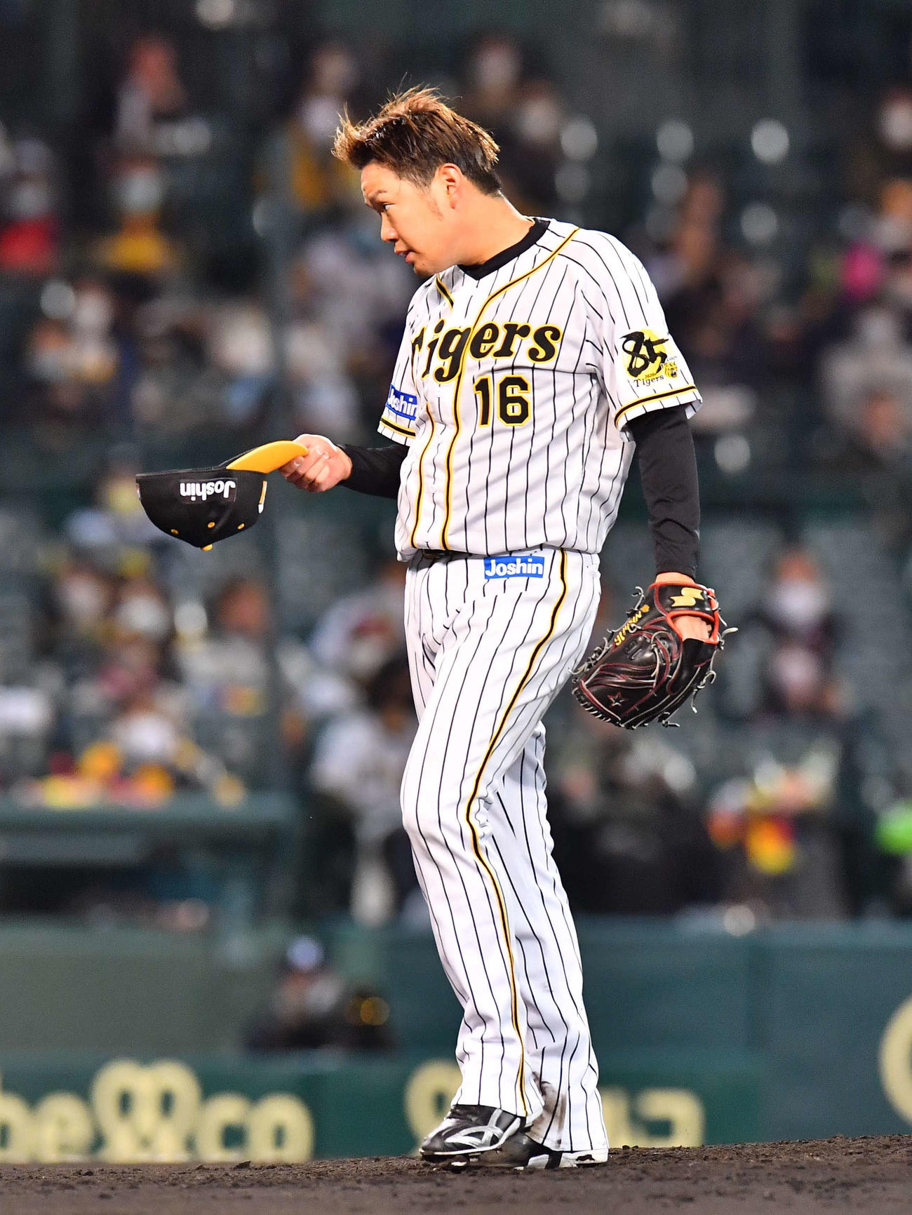 阪神対ヤクルト　2回表ヤクルト2死三塁、西浦直亨に死球を与え帽子を取ってあやまる西勇輝（撮影・上田博志）