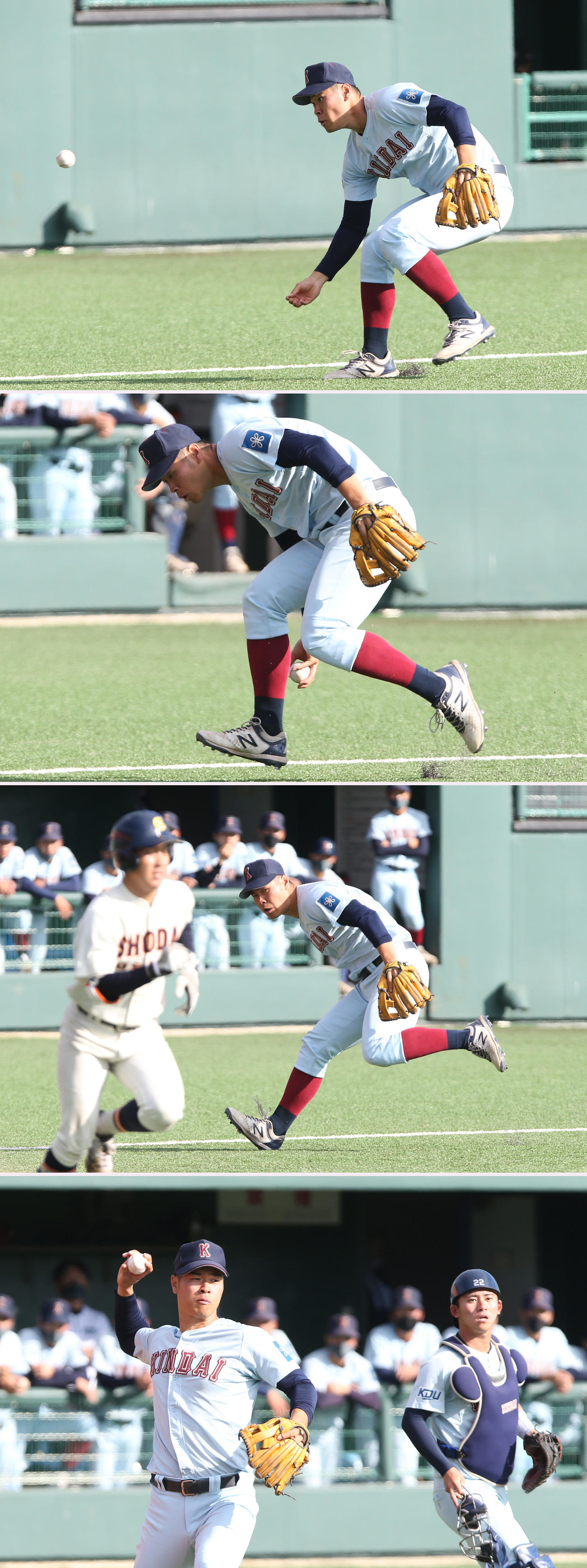 3回裏大商大1死一塁、近大・佐藤は井原の送りバントを素手で処理する（撮影・白石智彦）