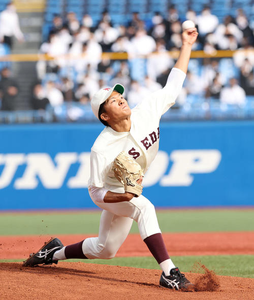 慶大対早大 先発し力投する早大・早川(撮影・鈴木正人)