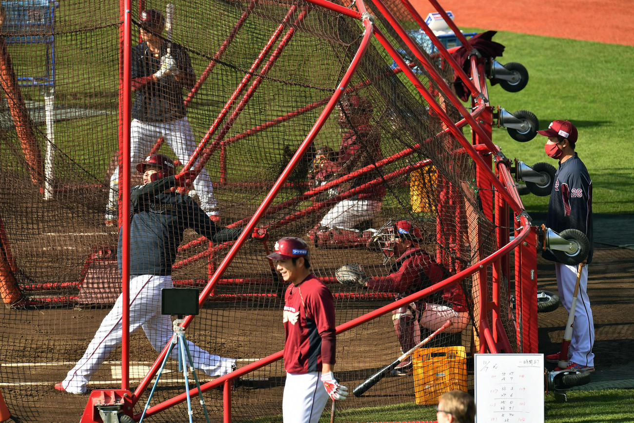 楽天対西武　試合前に打撃練習する楽天浅村（左）を見る渡辺直（右）（撮影・滝沢徹郎）