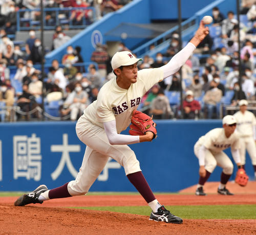 早大対慶大　　先発した早大・今西（撮影・柴田隆二）