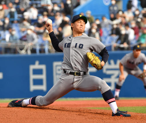 早大対慶大　　先発した慶大・森田（撮影・柴田隆二）