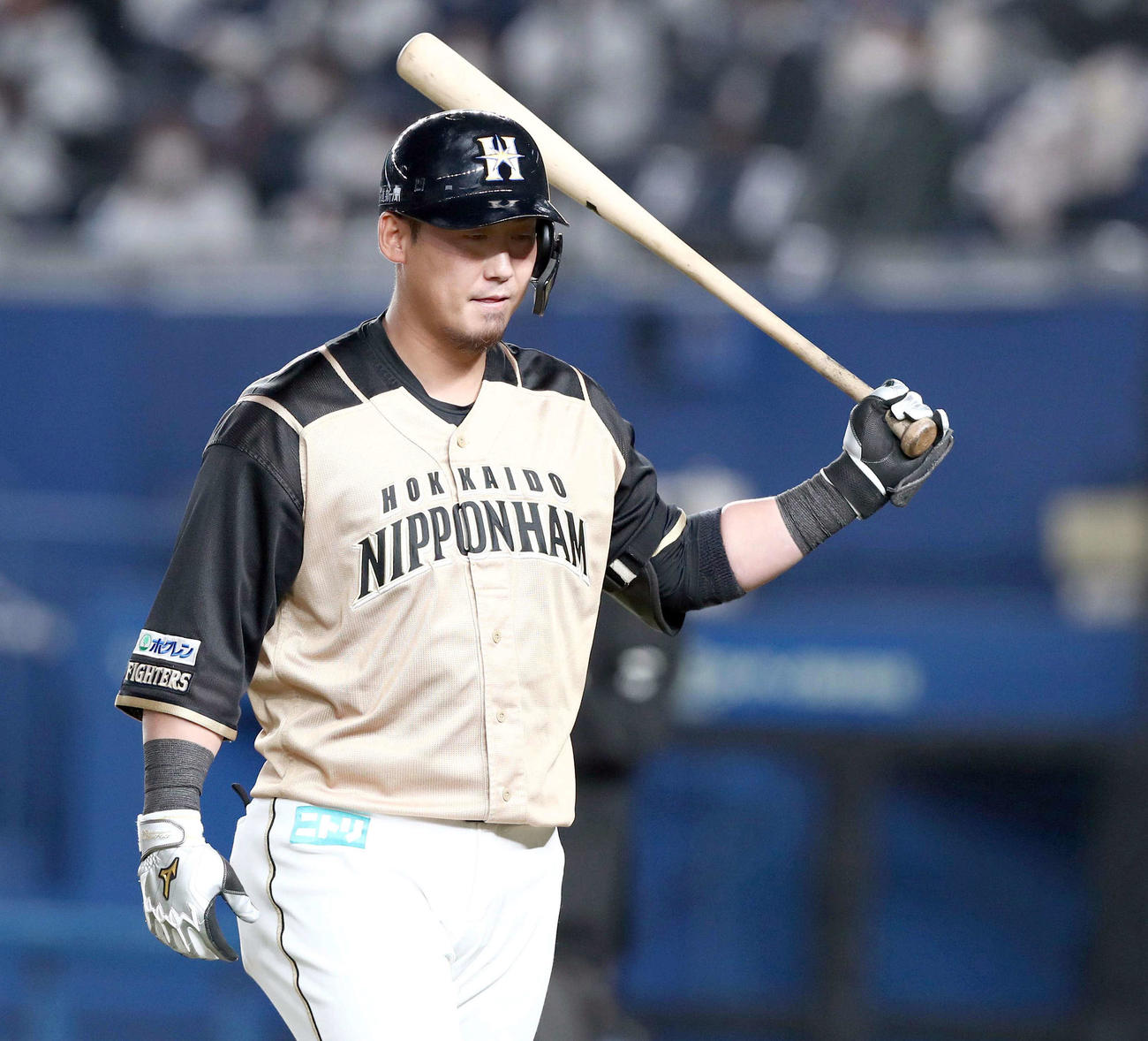 ロッテ対日本ハム　7回表日本ハム無死一塁、左飛に終わる中田（撮影・黒川智章）