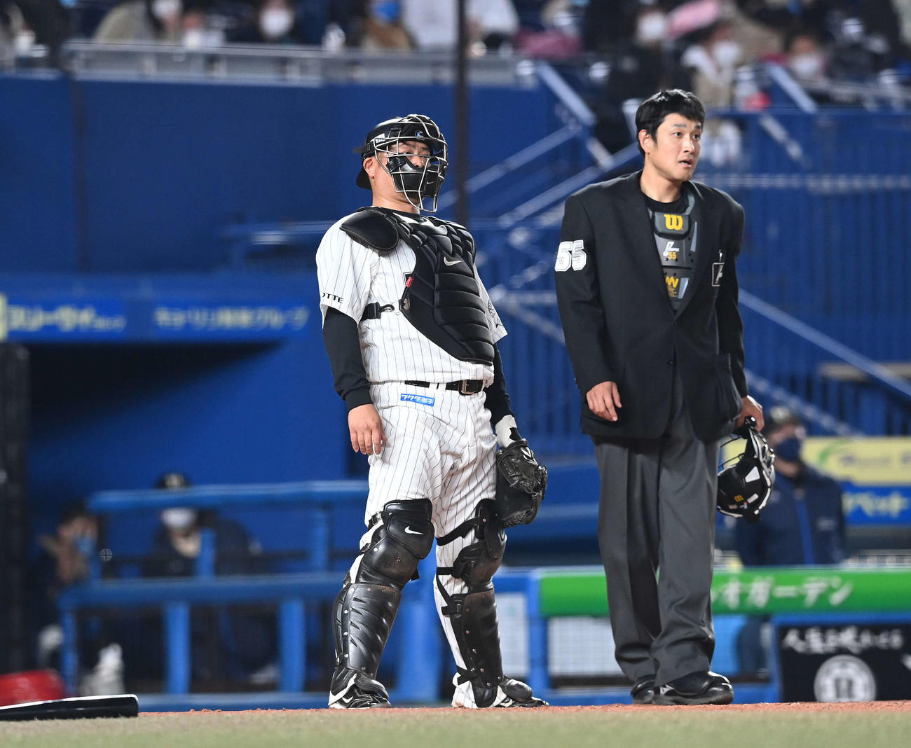 ロッテ対日本ハム　9回表日本ハム2死一塁、大田に右越え2点本塁打を浴び打球を見る捕手細川（撮影・鈴木みどり）