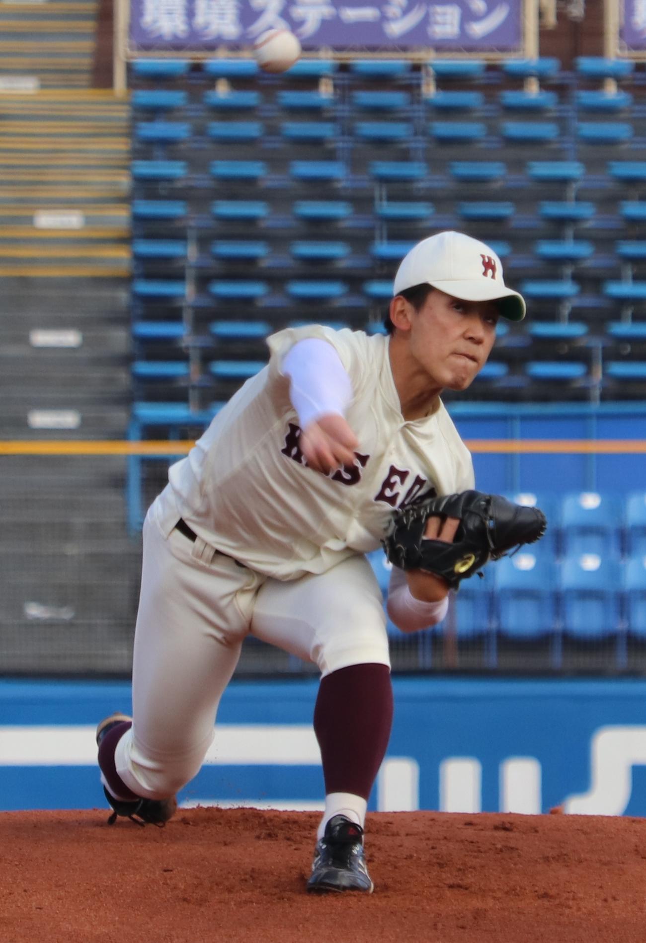 法大対早大　フレッシュトーナメント初戦に先発し、7回1／3、3安打無失点に抑えた早大・雪山（撮影・古川真弥）