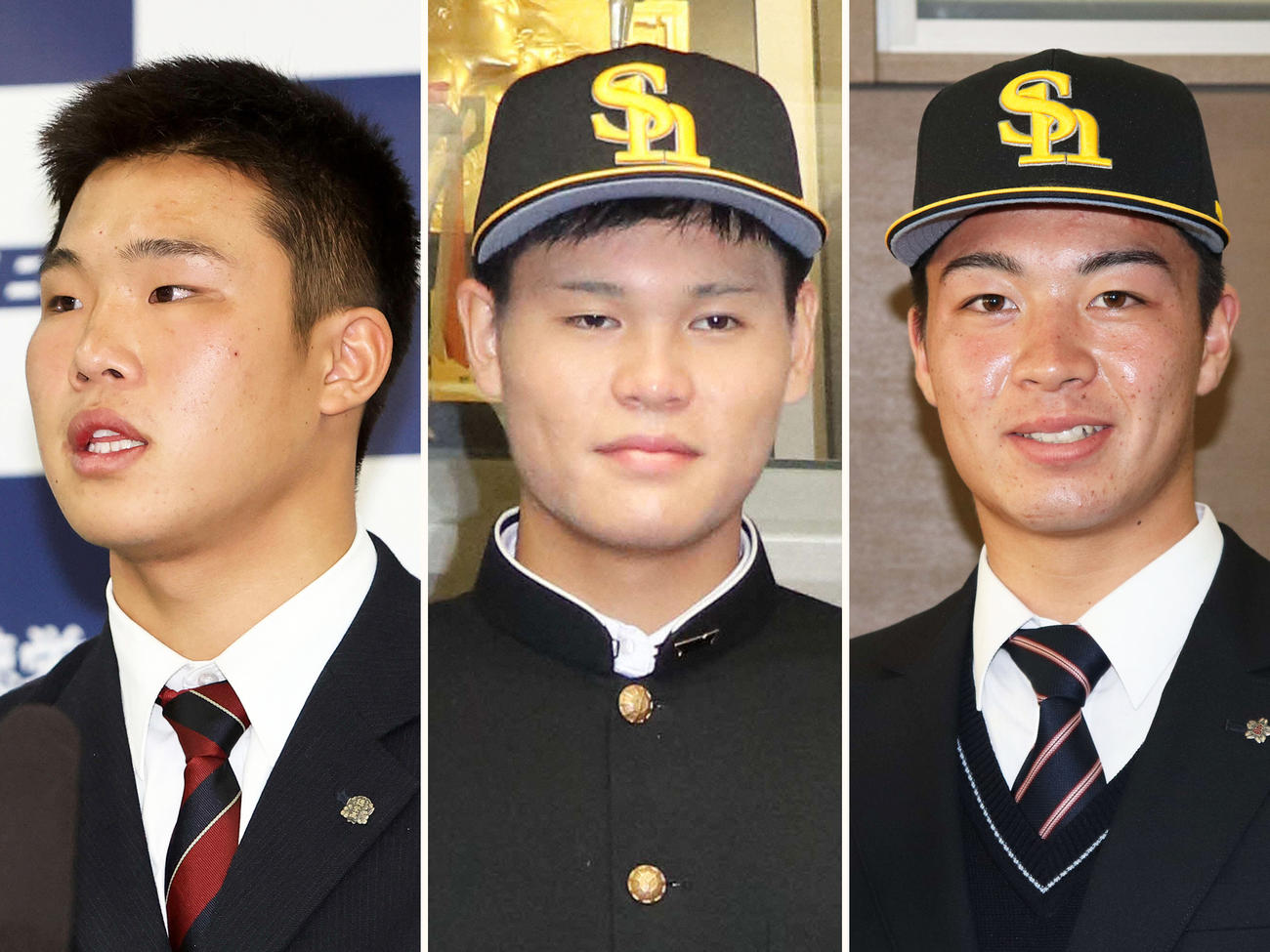 左からソフトバンク1位の花咲徳栄・井上、2位横浜商・笹川、3位日大藤沢・牧原
