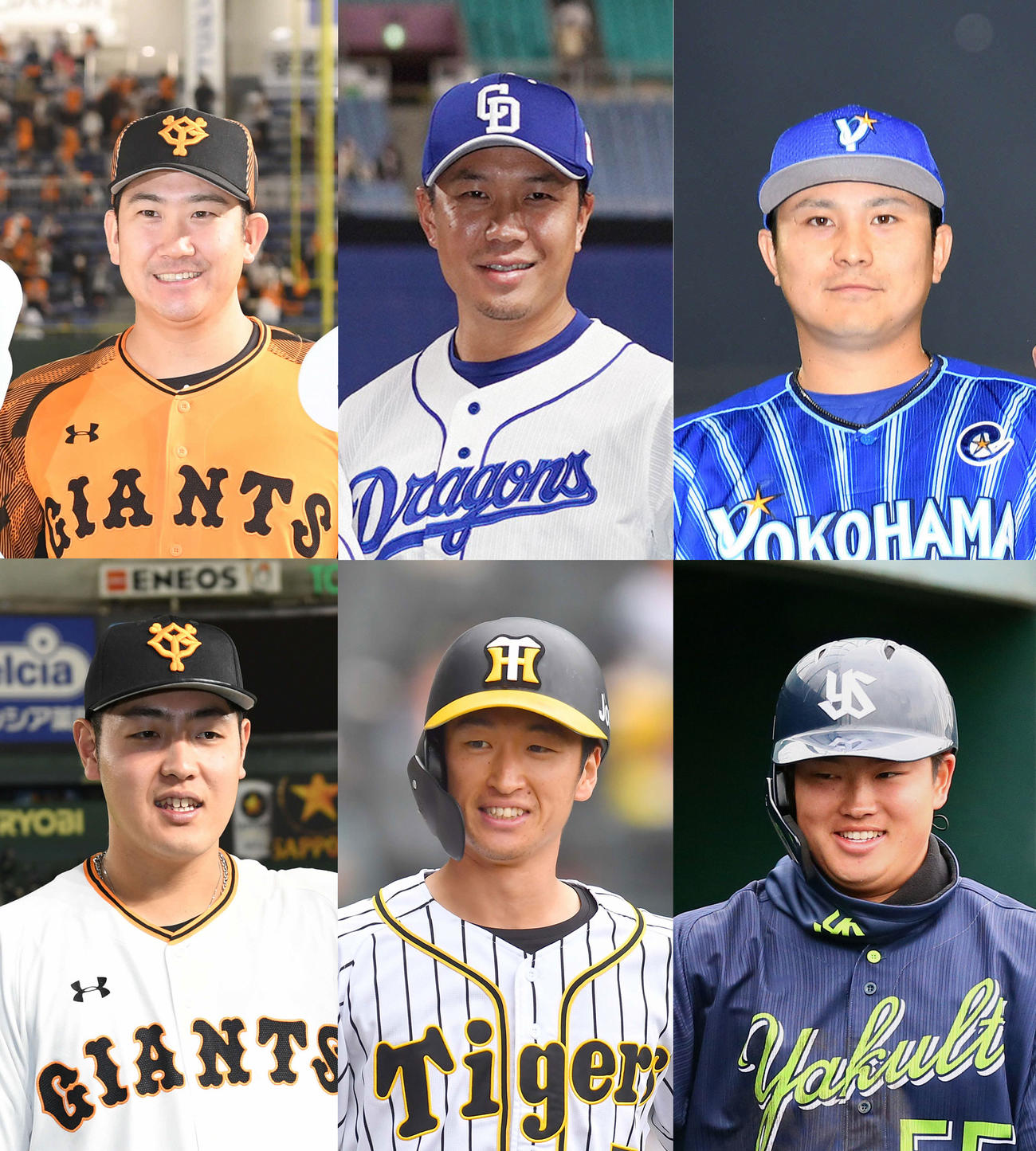 左上から時計回りで今季タイトルを獲得した巨人菅野、中日大野雄、DeNA佐野、ヤクルト村上、阪神近本、巨人岡本